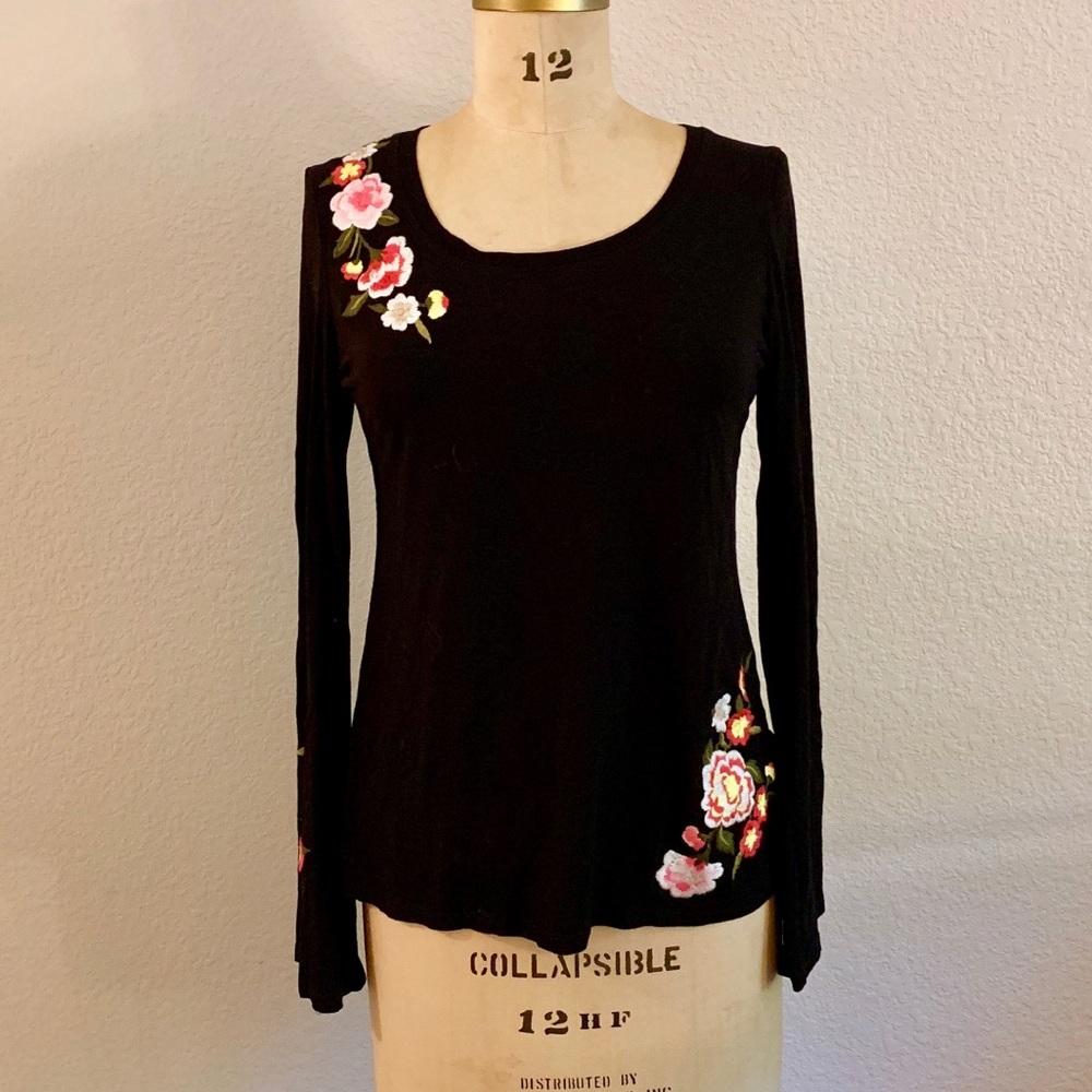 INC Black Top with Embroidered Flowers
